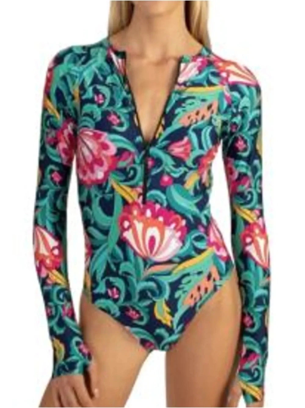 New Trina Turk Garden Teal Multicolor Floral Long-Sleeve One-Piece Swimsuit